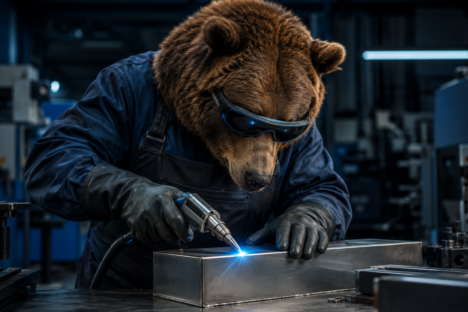 Oso trabajando con una soldadora láser manual sobre acero inoxidable